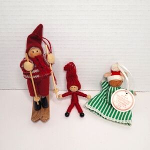 Three Vintage Christmas Ornaments  Skier Elf Kitty Cat